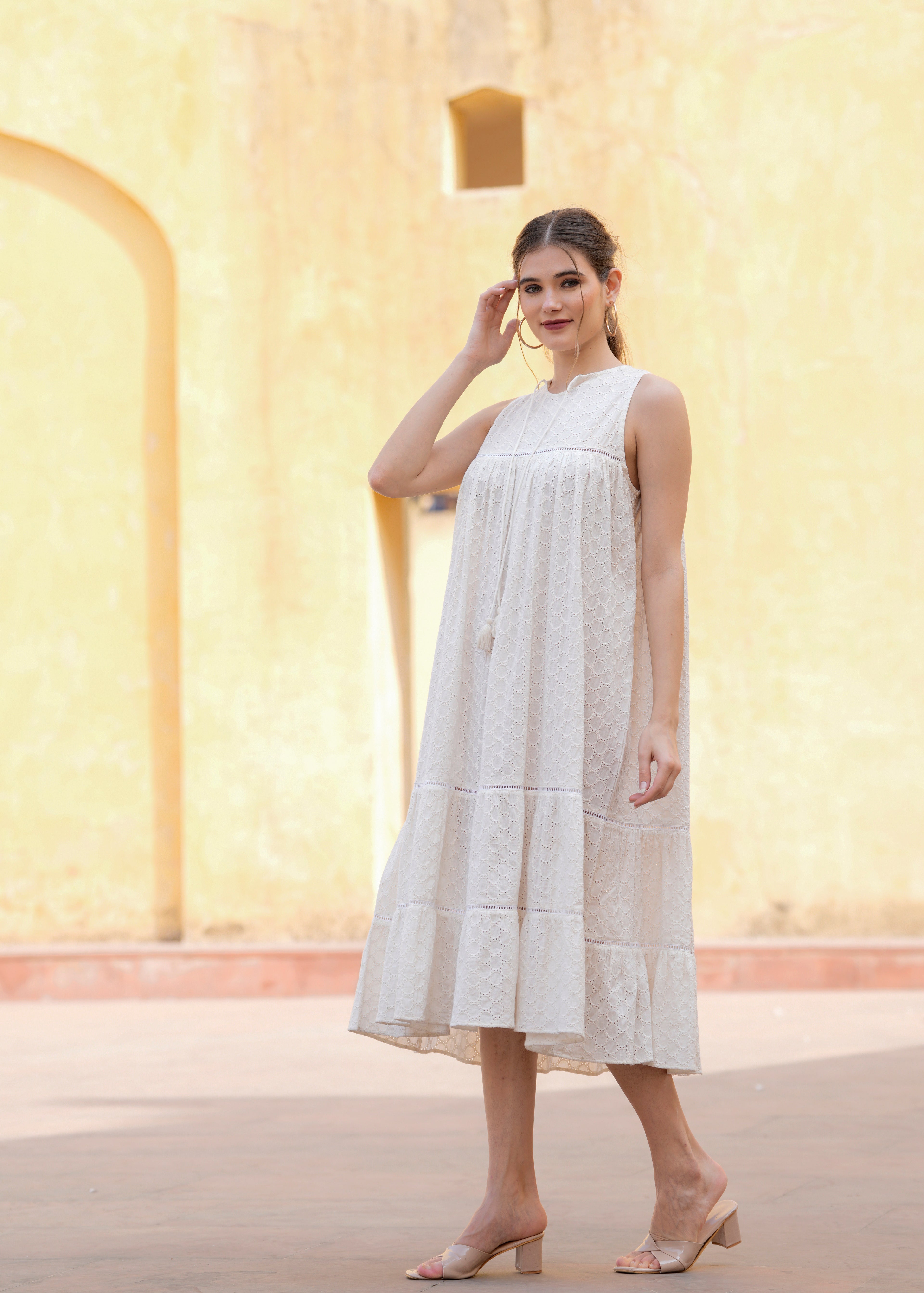 White Cotton Schiffli Women Summer Sleeves Less Midi Dress
