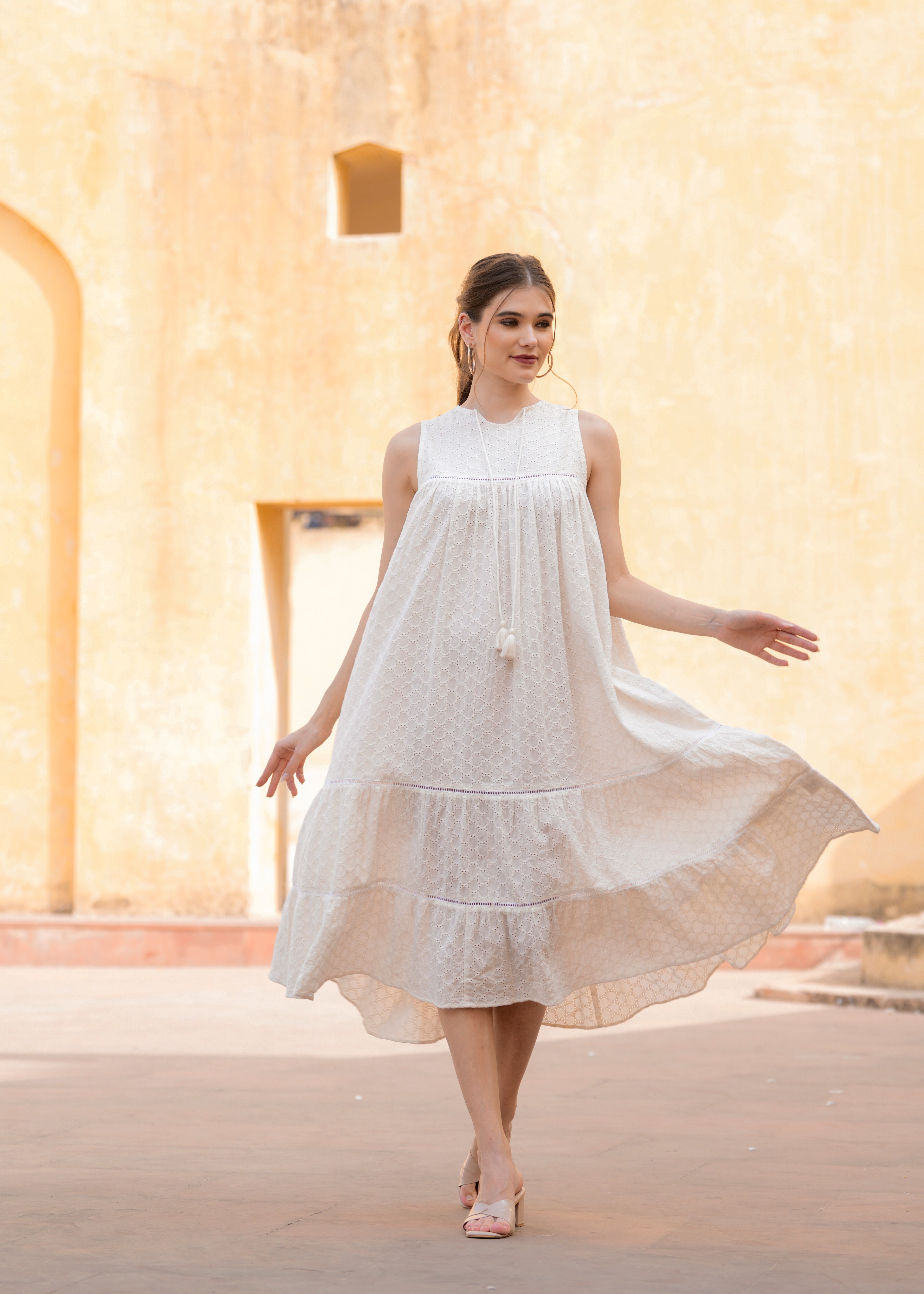 White Cotton Schiffli Women Summer Sleeves Less Midi Dress thejaipurart.com White Cotton Schiffli Women Summer Sleeves Less Midi Dress thejaipurart.com
