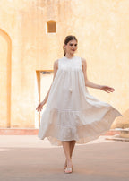 White Cotton Schiffli Women Summer Sleeves Less Midi Dress