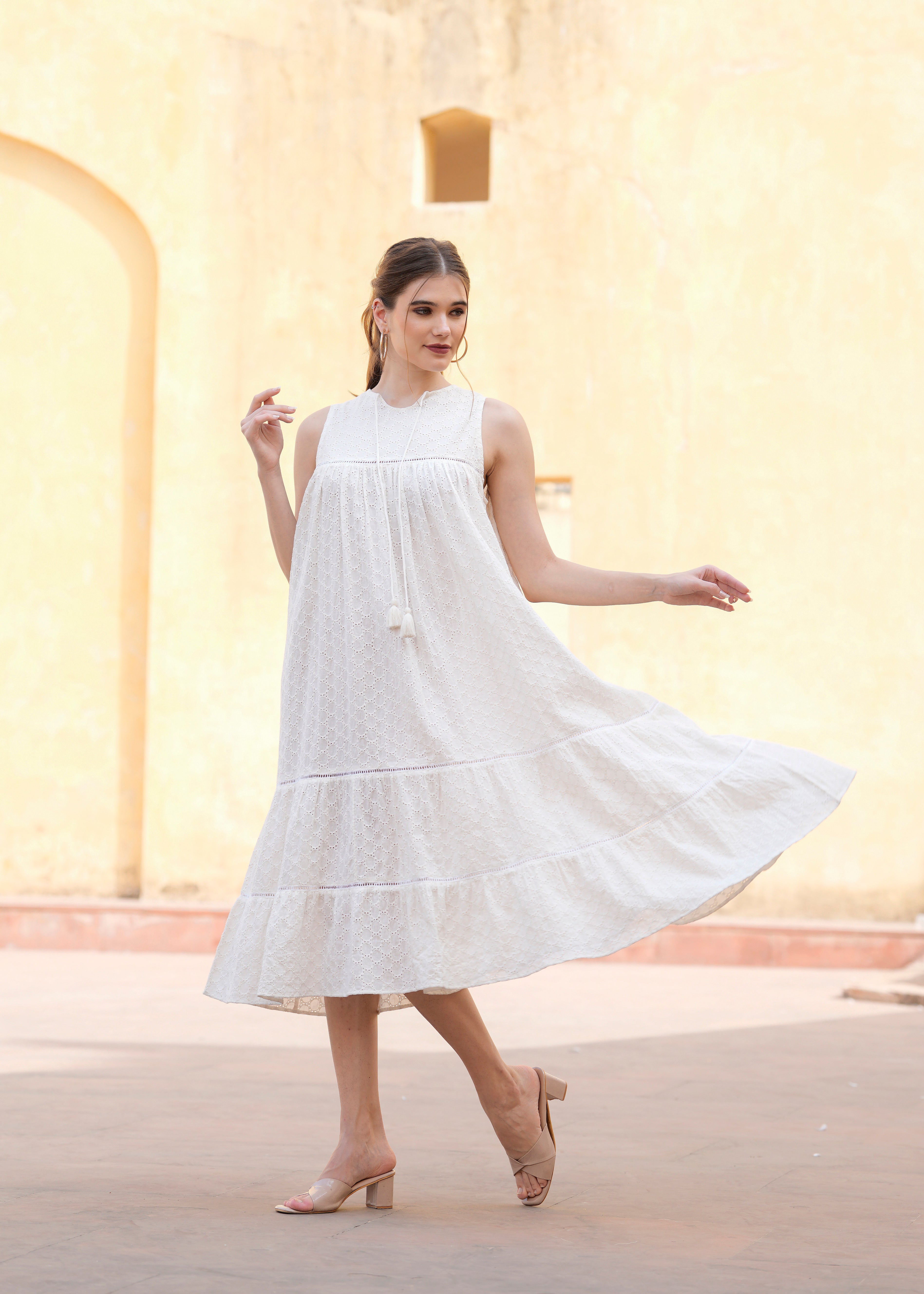 White Cotton Schiffli Women Summer Sleeves Less Midi Dress