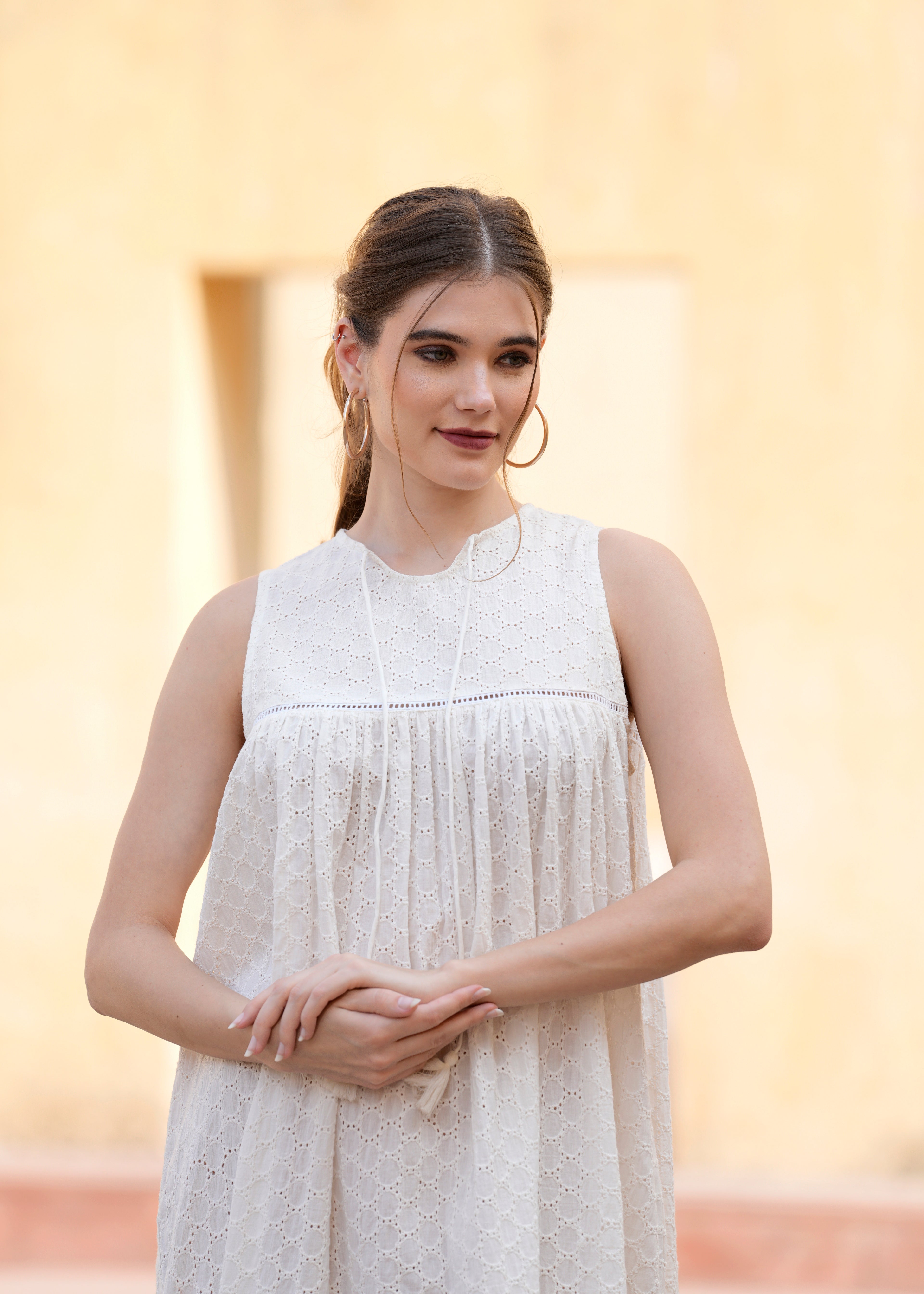 White Cotton Schiffli Women Summer Sleeves Less Midi Dress