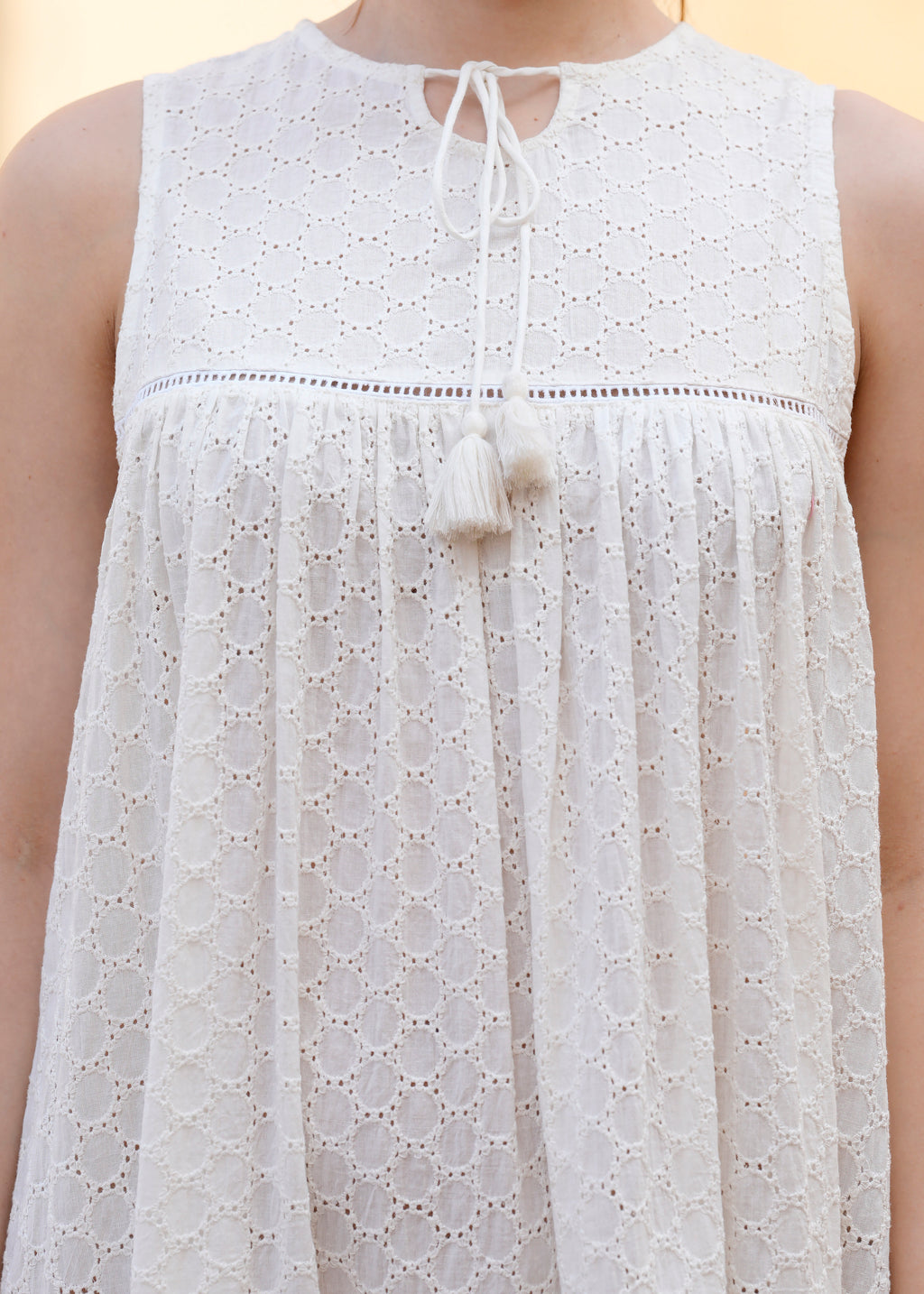 White Cotton Schiffli Women Summer Sleeves Less Midi Dress