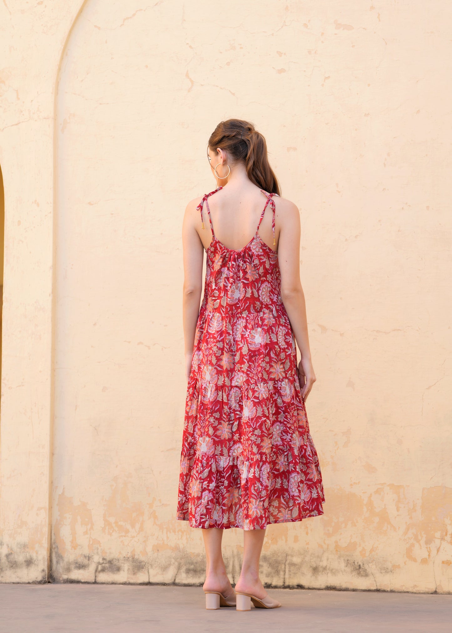 Beautiful Hand Block-Printed red Floral Midi Dress