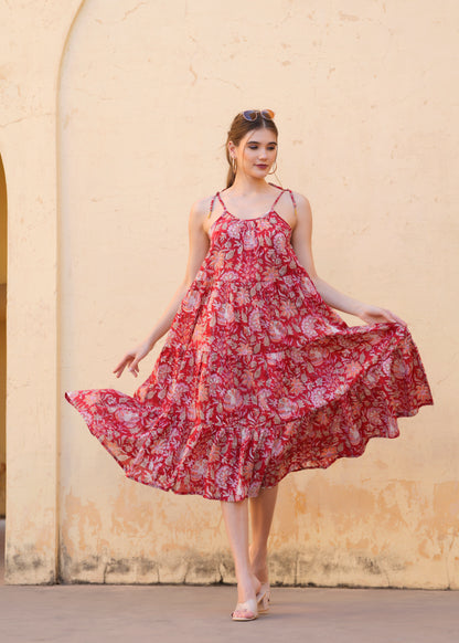 Beautiful Hand Block-Printed red Floral Midi Dress