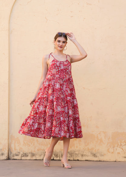 Beautiful Hand Block-Printed red Floral Midi Dress