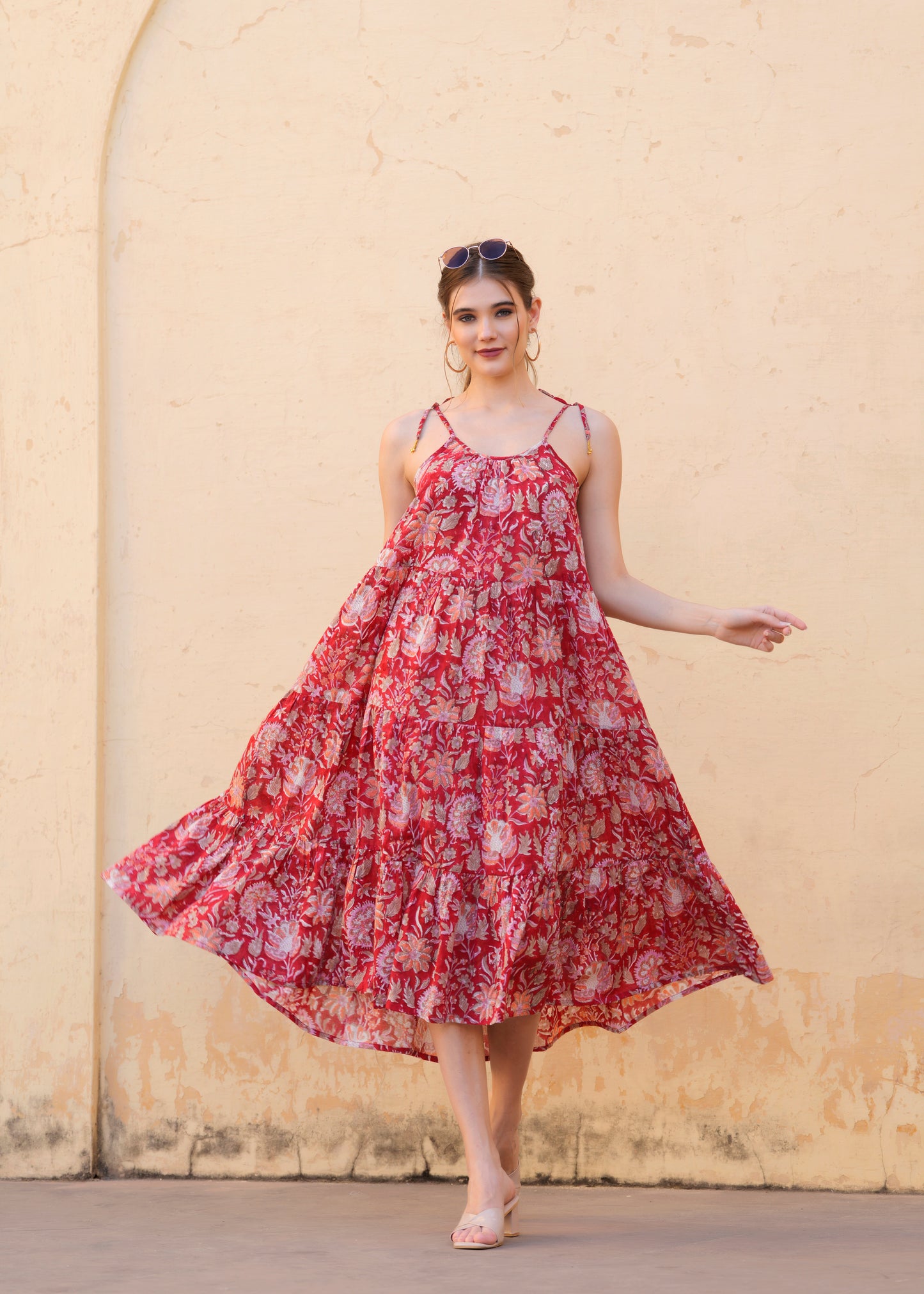 Beautiful Hand Block-Printed red Floral Midi Dress