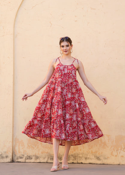 Beautiful Hand Block-Printed red Floral Midi Dress