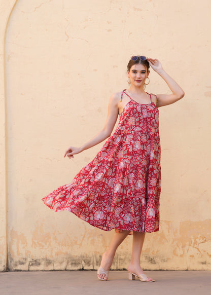 Beautiful Hand Block-Printed red Floral Midi Dress