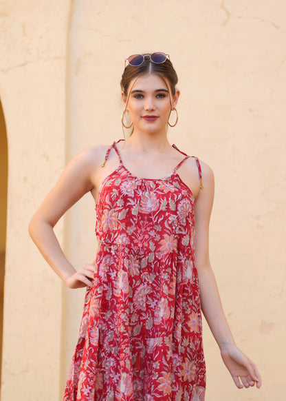 Beautiful Hand Block-Printed red Floral Midi Dress