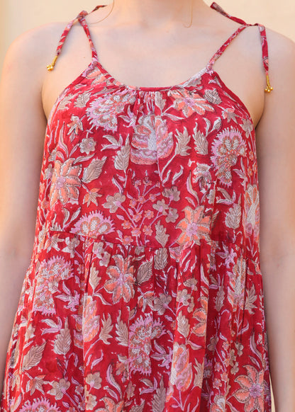 Beautiful Hand Block-Printed red Floral Midi Dress