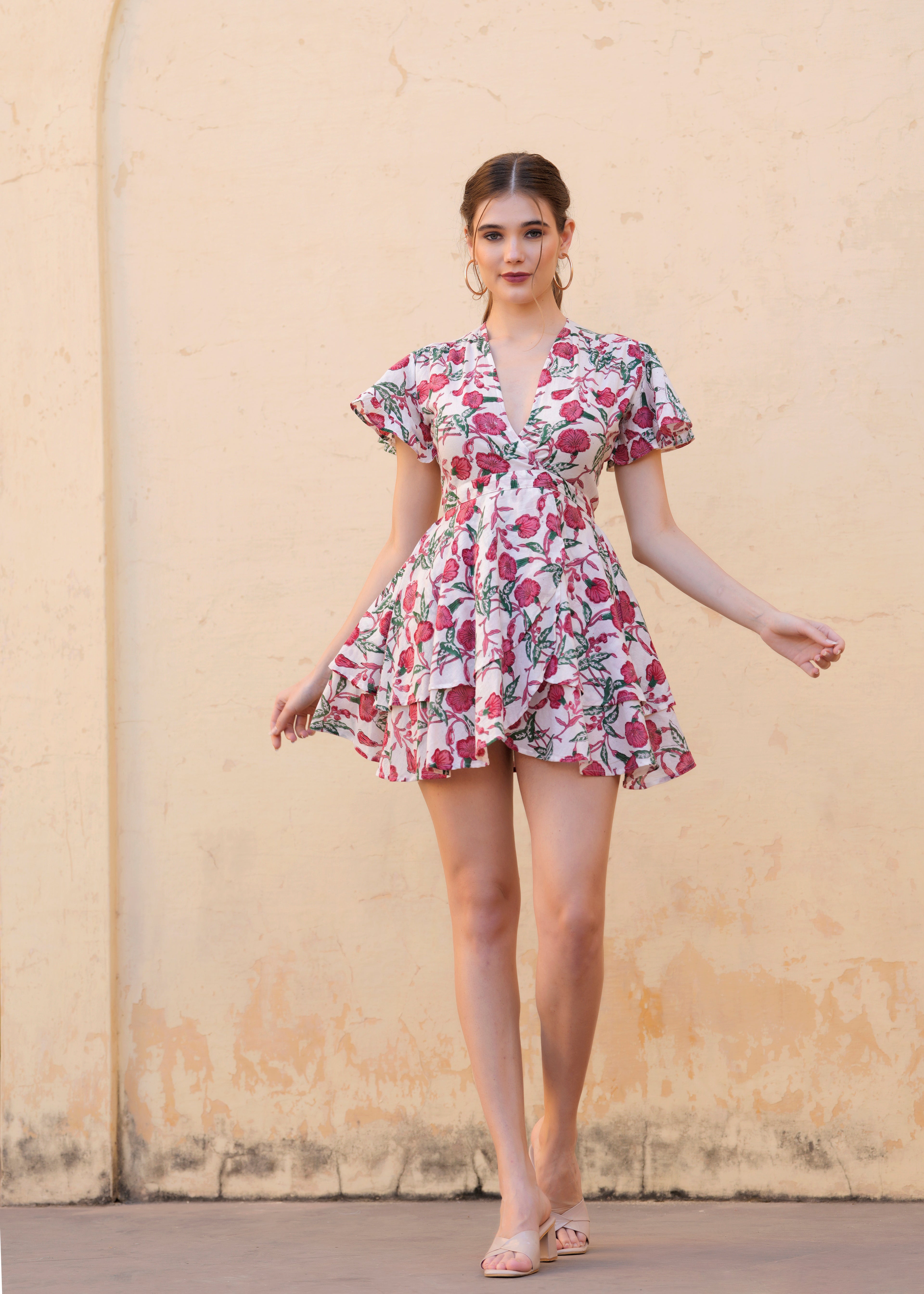 Hand Block Printed Cotton Short Floral Dress for Women