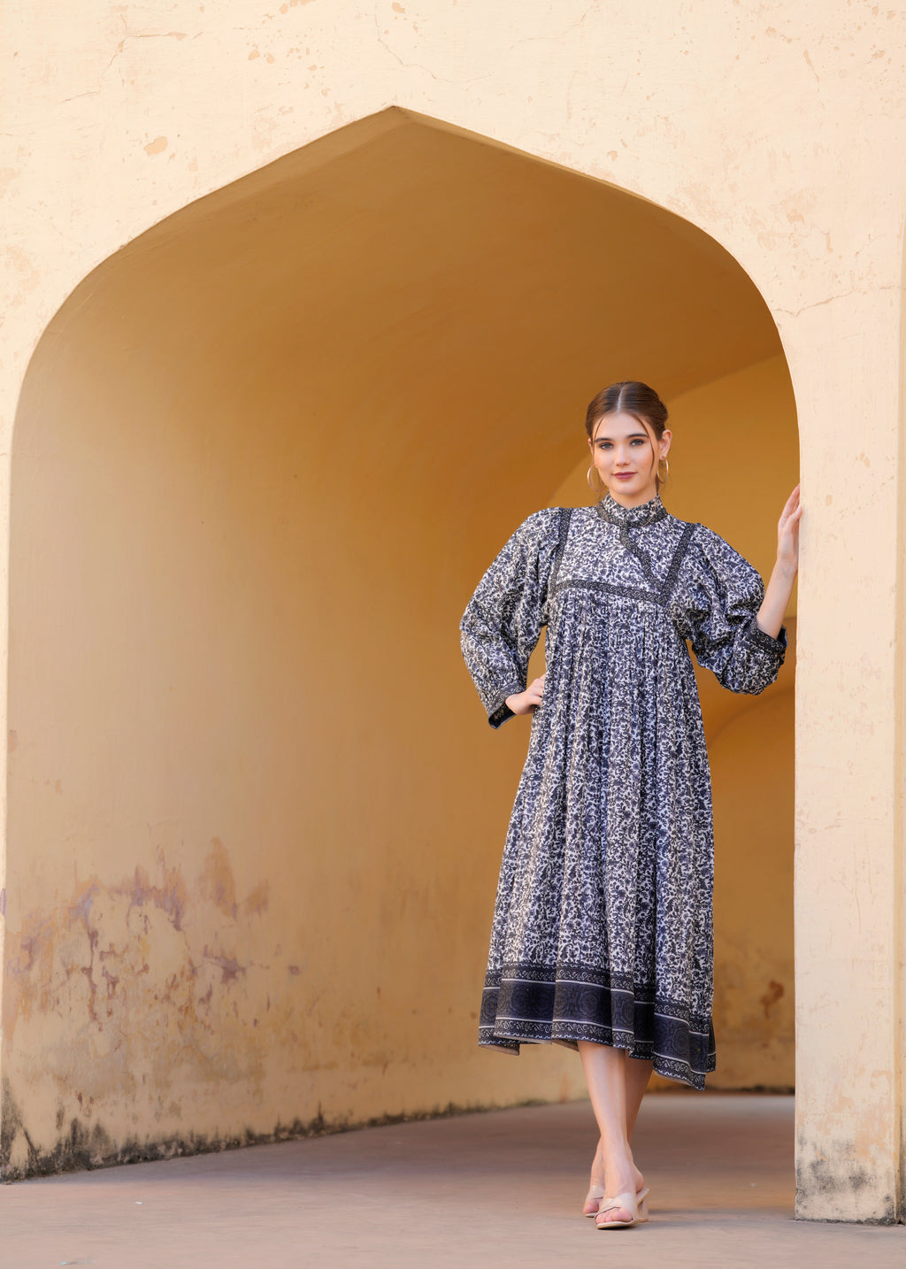 Beautiful Hand Block-Printed Black Midi Dress