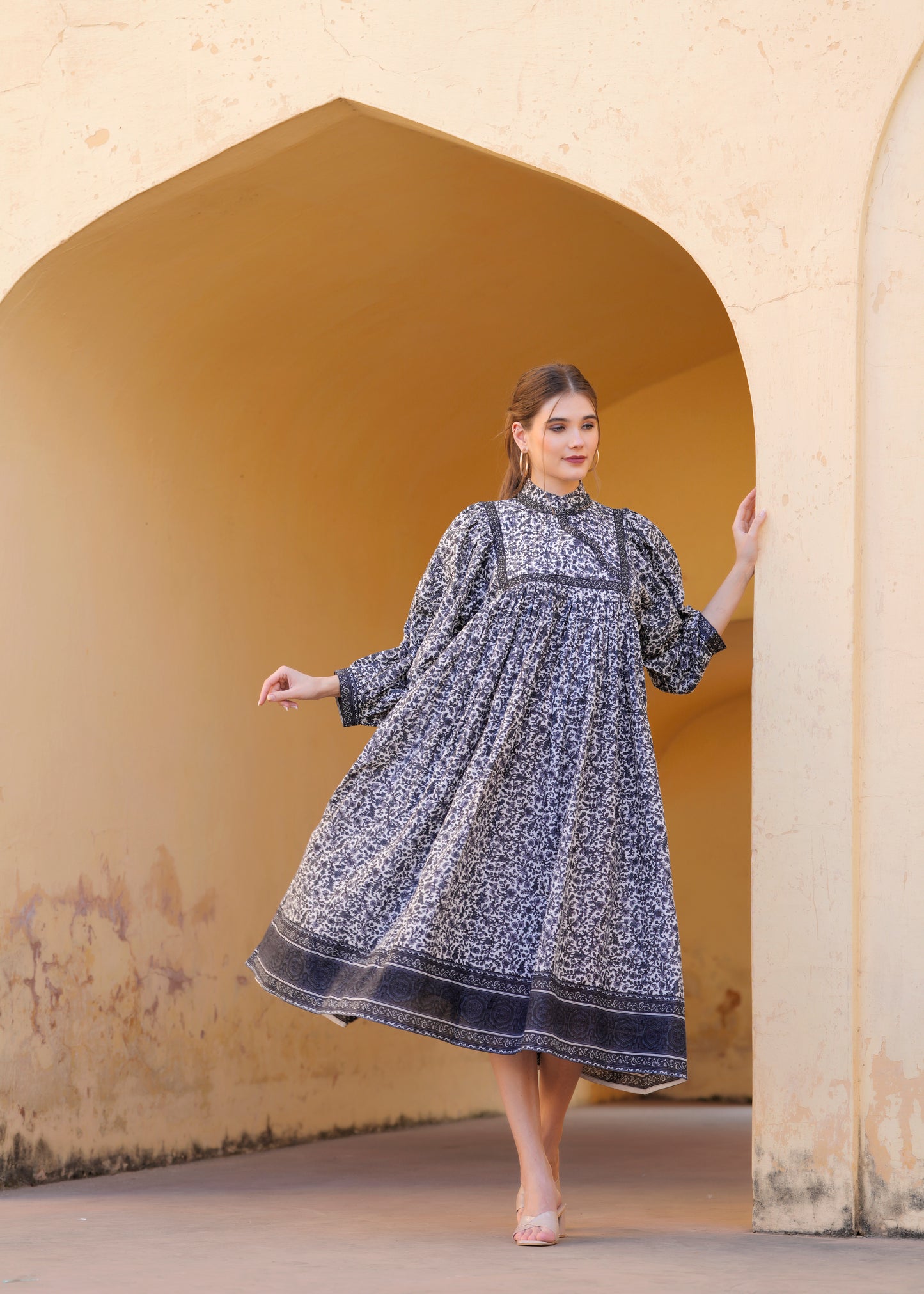 Beautiful Hand Block-Printed Black Midi Dress