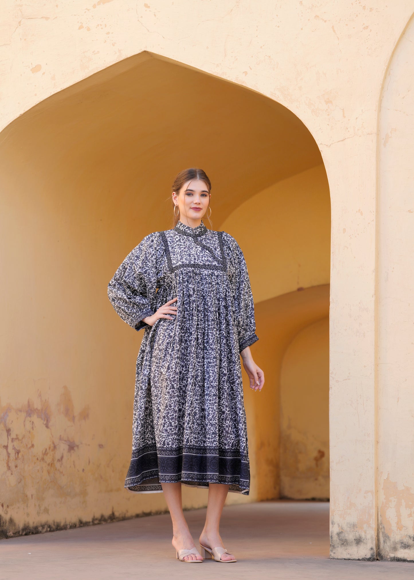 Beautiful Hand Block-Printed Black Midi Dress