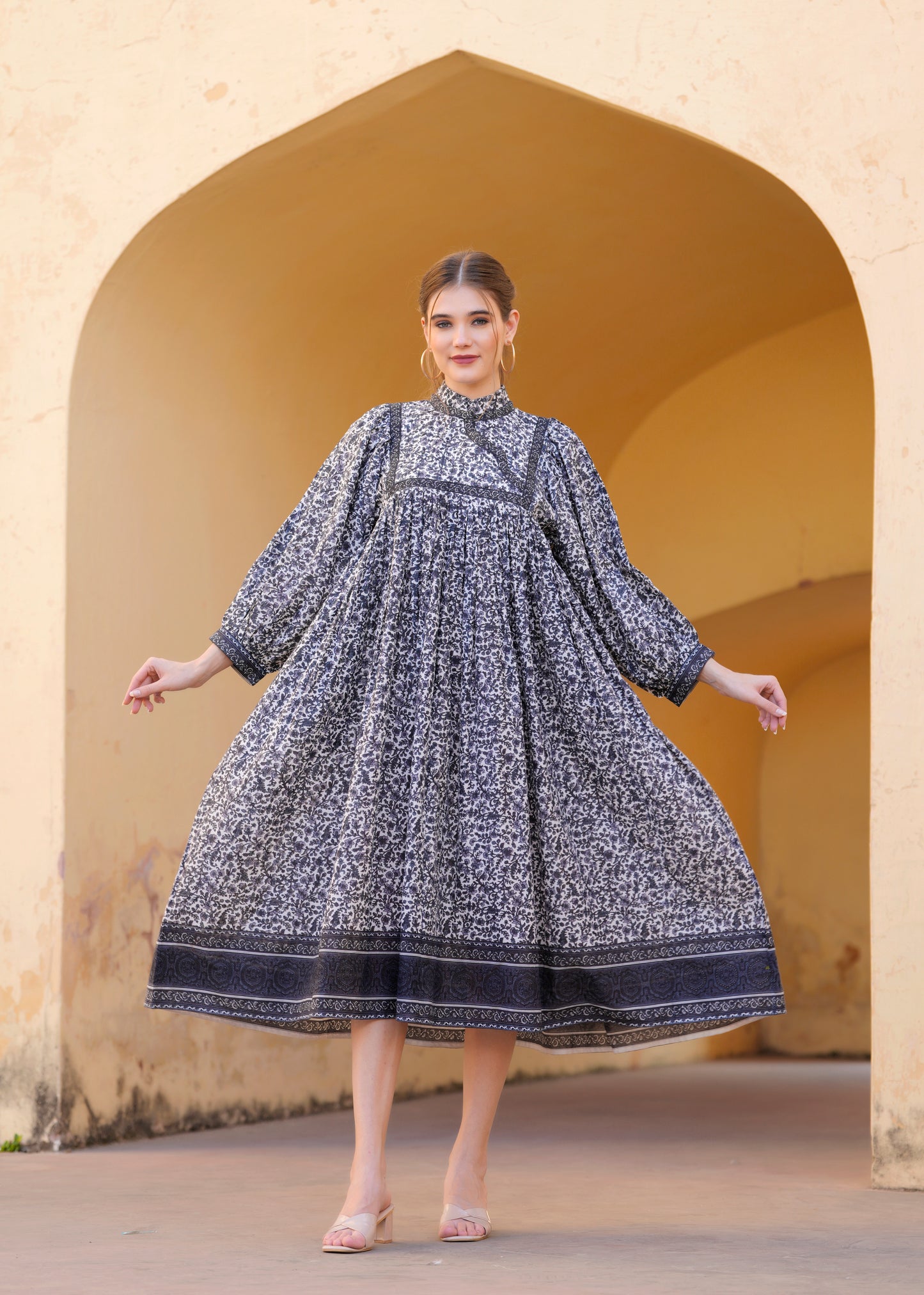 Beautiful Hand Block-Printed Black Midi Dress