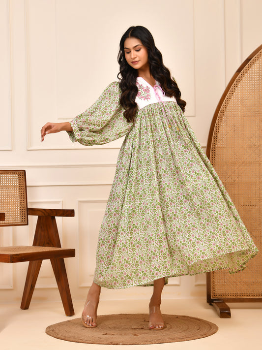 Floral Hand Block Print Cotton Midi Dress with Yoke Detailing