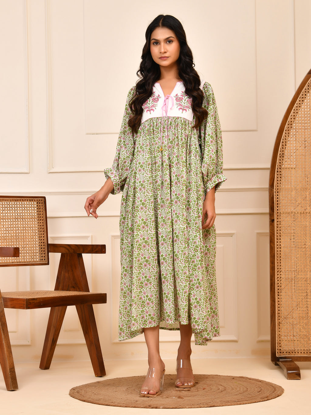 Floral Hand Block Print Cotton Midi Dress