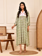 Floral Hand Block Print Cotton Midi Dress