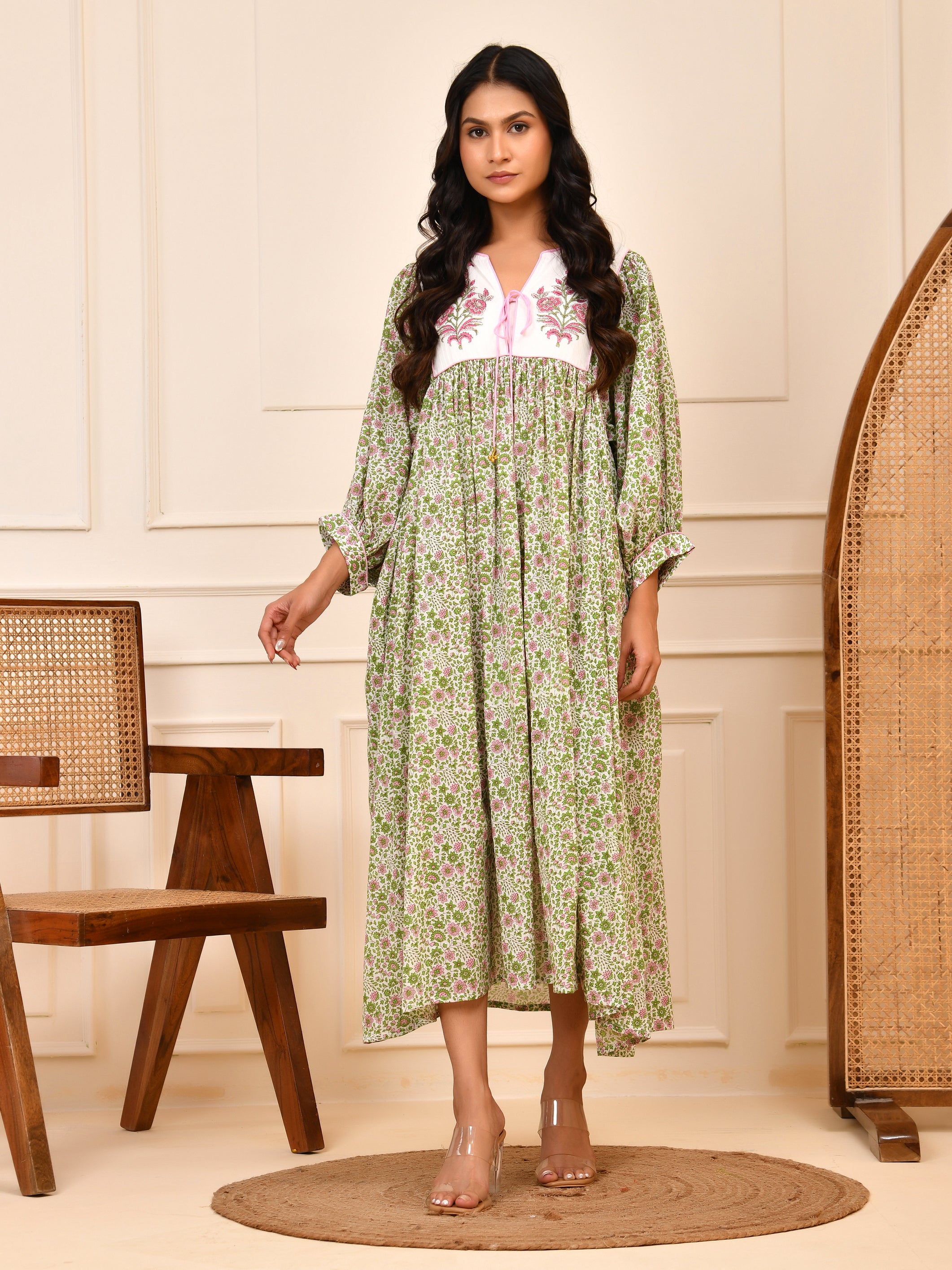 Floral Hand Block Print Cotton Midi Dress