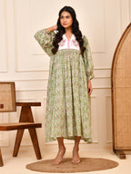 Floral Hand Block Print Cotton Midi Dress