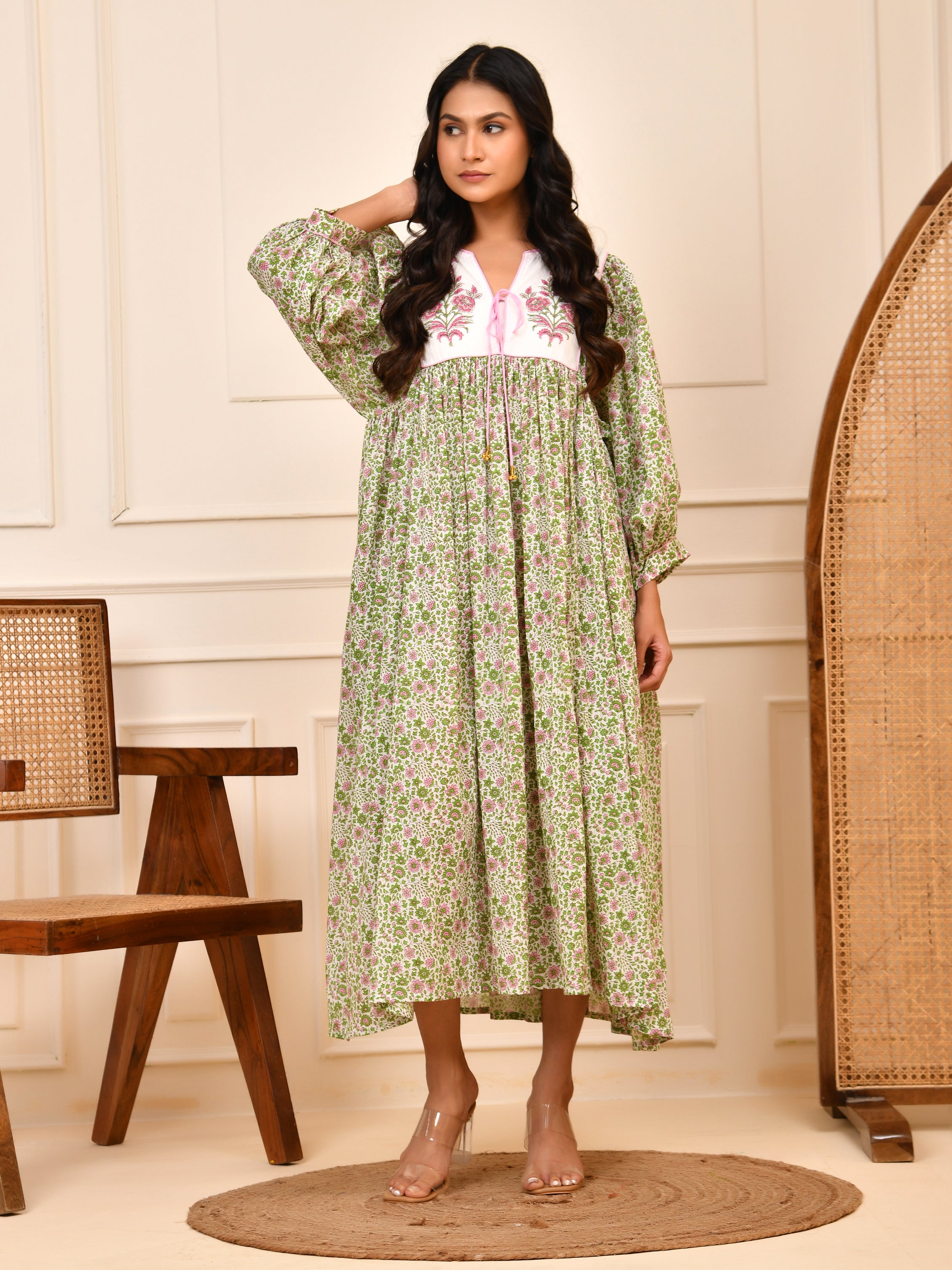 Floral Hand Block Print Cotton Midi Dress