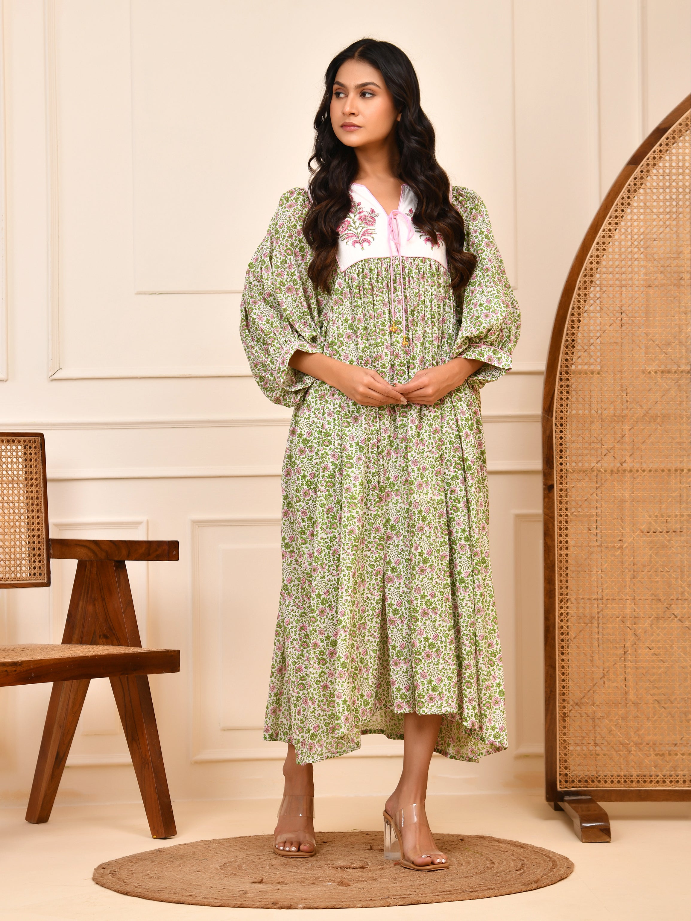 Floral Hand Block Print Cotton Midi Dress