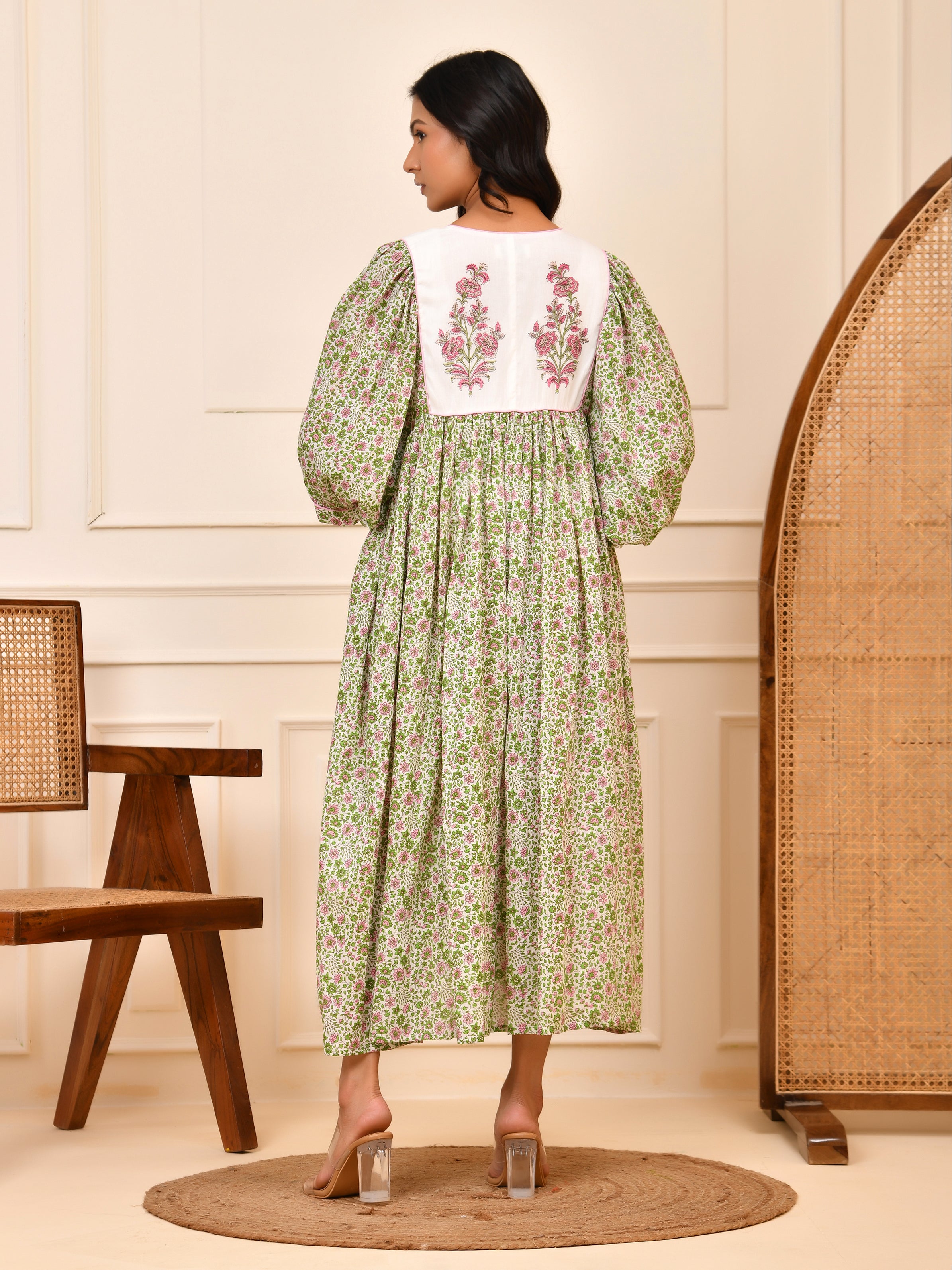 Floral Hand Block Print Cotton Midi Dress