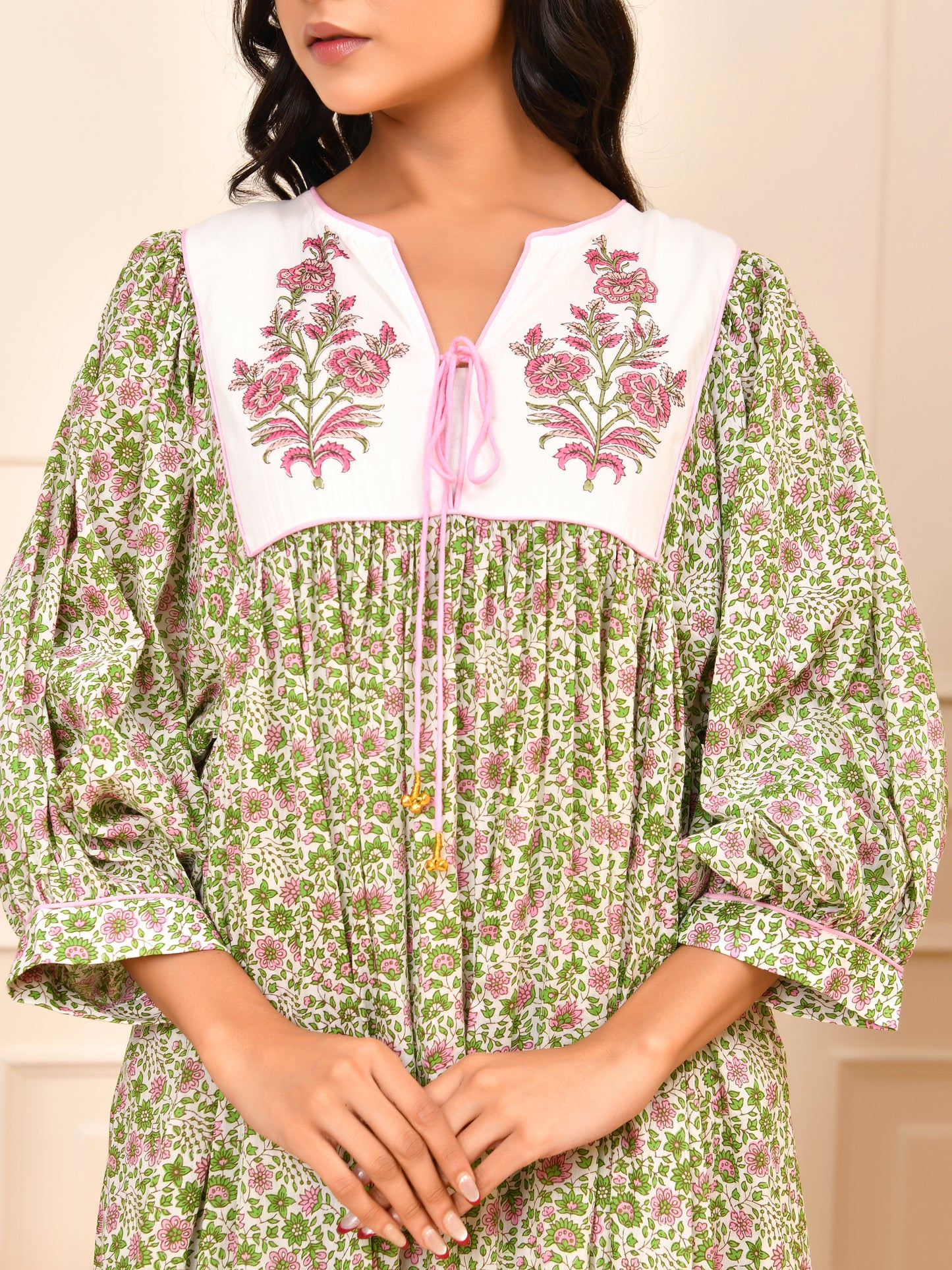 Floral Hand Block Print Cotton Midi Dress with Yoke Detailing