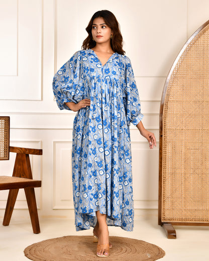 Hand Block Printed Emilie~ Sky Blue Midi Dress