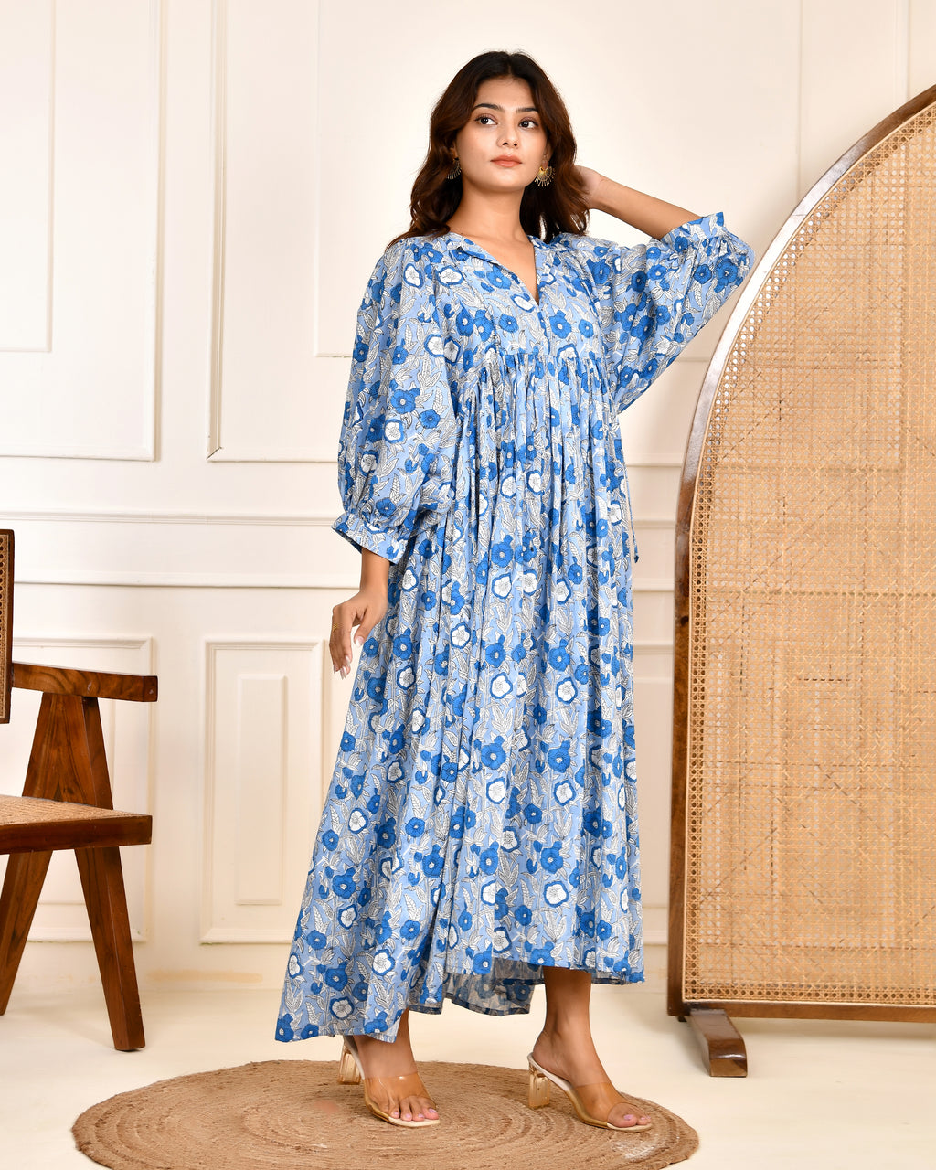 Hand Block Printed Emilie~ Sky Blue Midi Dress