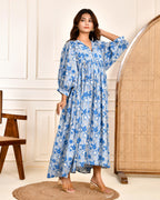 Hand Block Printed Emilie~ Sky Blue Midi Dress