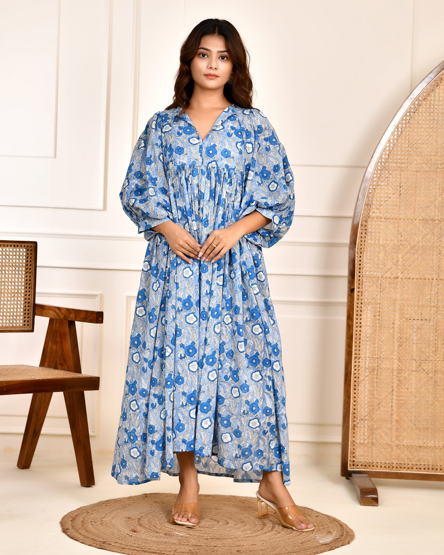 Hand Block Printed Emilie~ Sky Blue Midi Dress