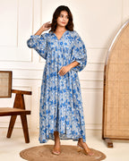 Hand Block Printed Emilie~ Sky Blue Midi Dress