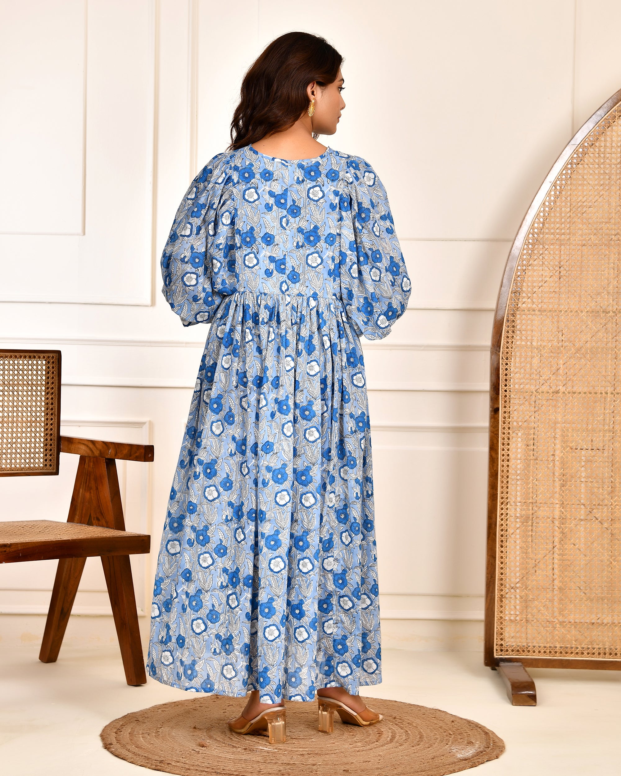 Hand Block Printed Emilie~ Sky Blue Midi Dress