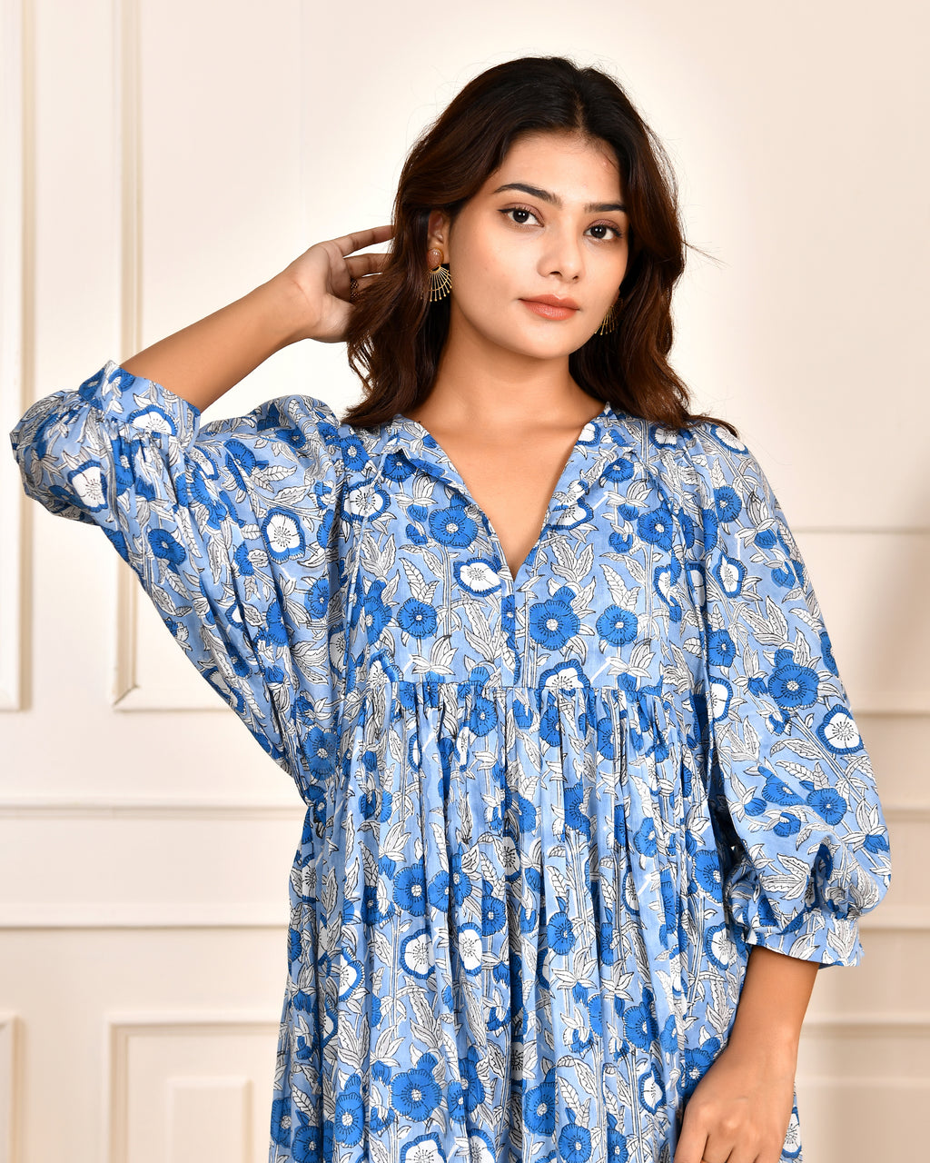 Hand Block Printed Emilie~ Sky Blue Midi Dress