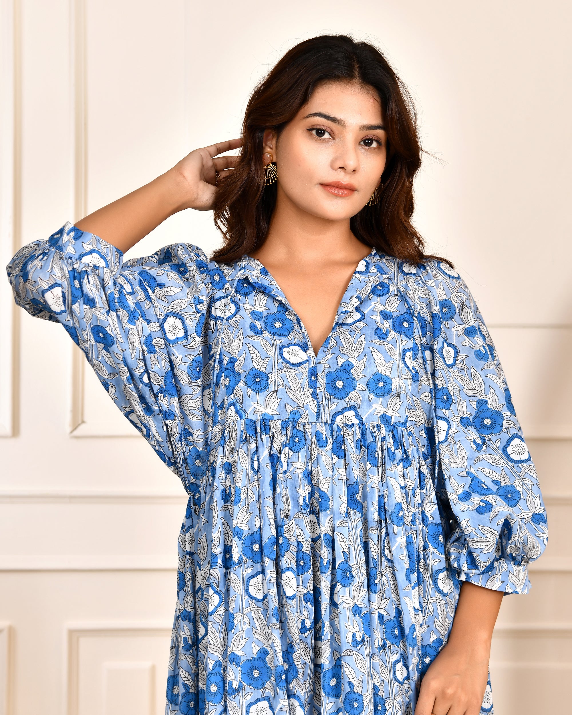 Hand Block Printed Emilie~ Sky Blue Midi Dress