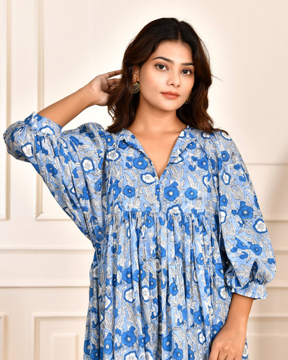 Hand Block Printed Emilie~ Sky Blue Midi Dress