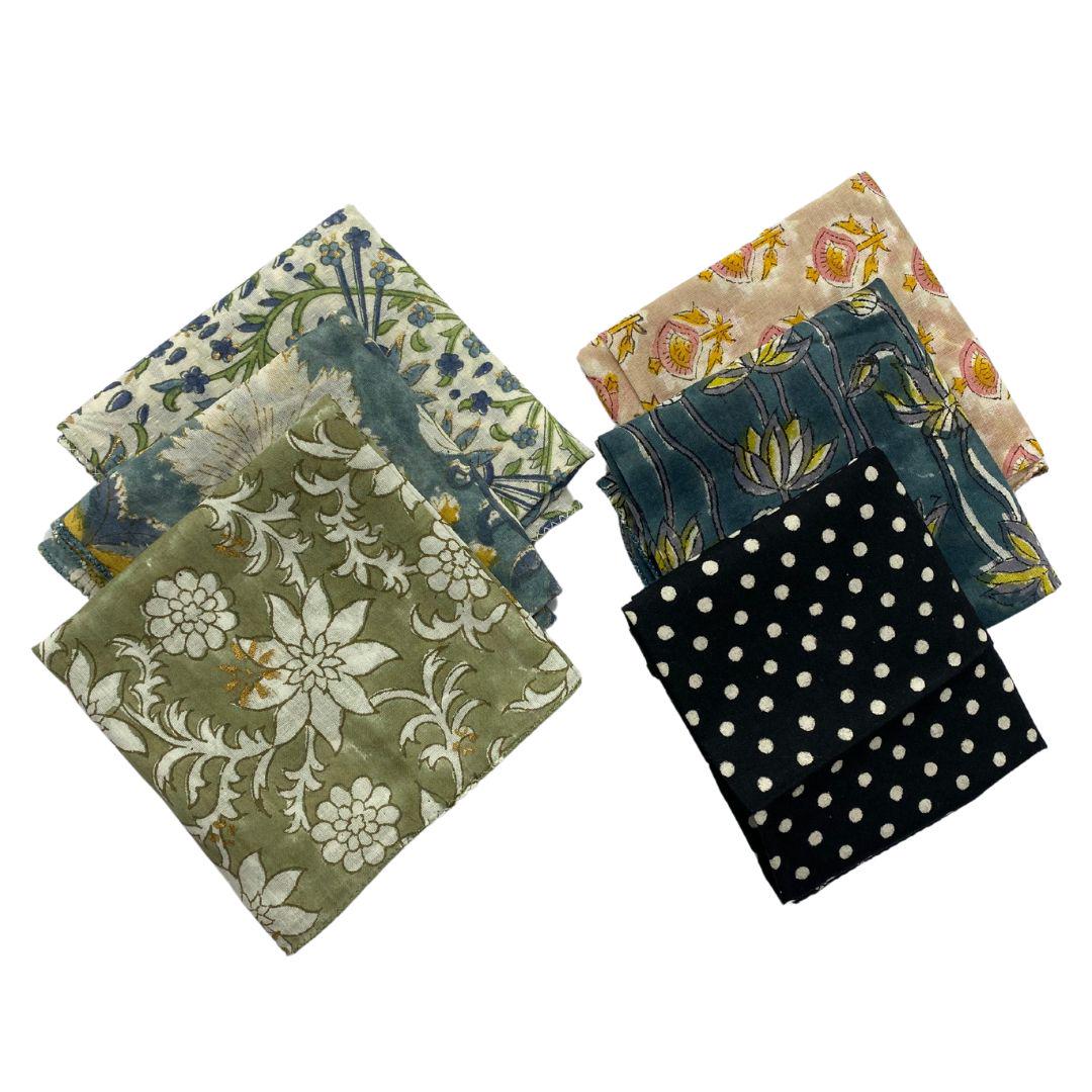 Assorted Cotton Hand Block Print Hankies (Set of 10) 18"x17"
