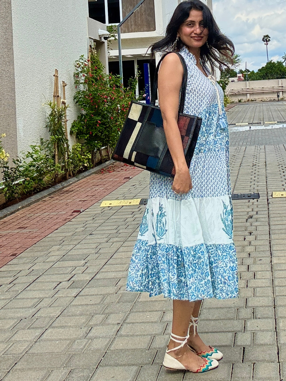 Hand block Printed Blue White Floral tiered Midi Dress