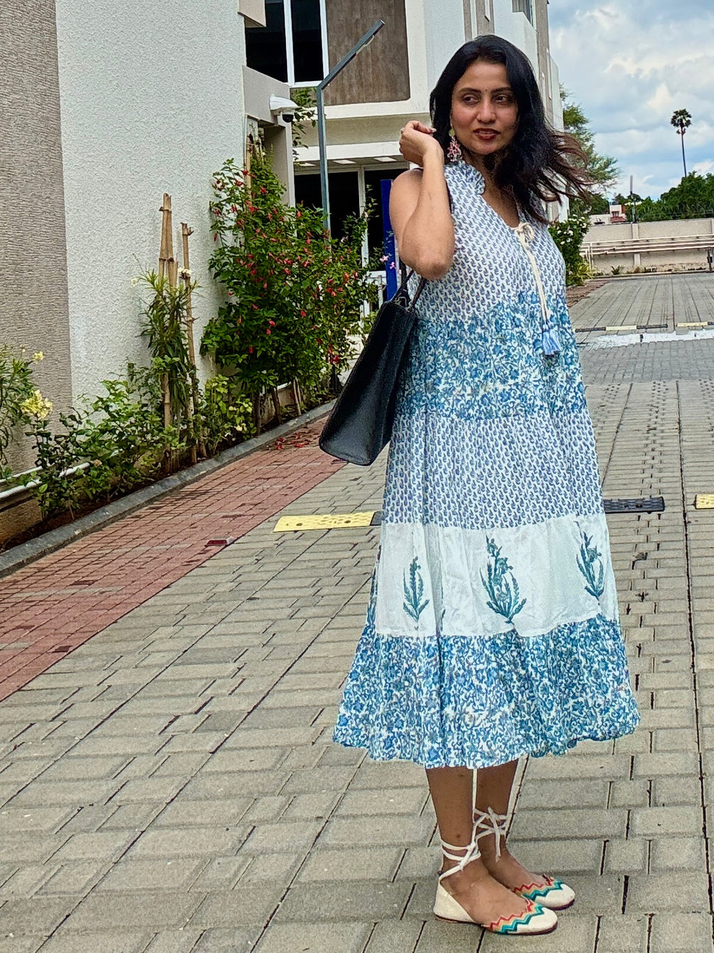 Hand block Printed Blue White Floral tiered Midi Dress
