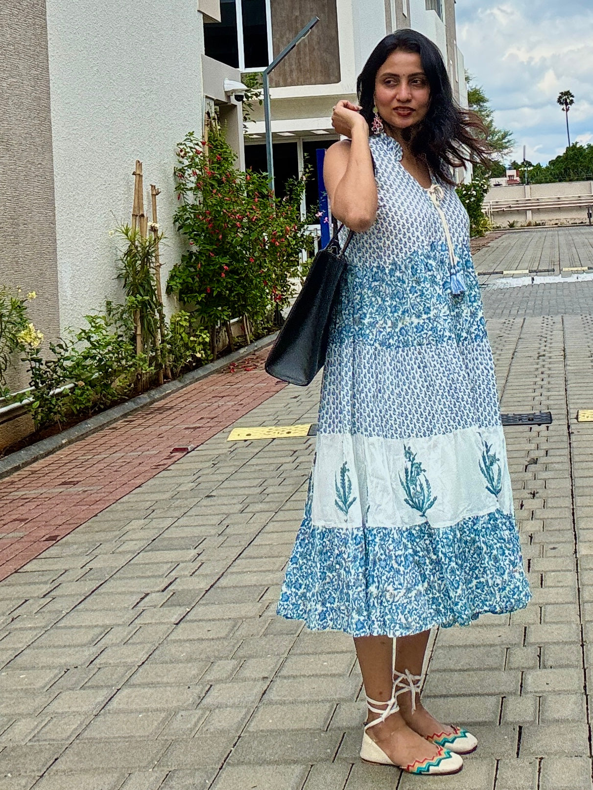 Hand block Printed Blue White Floral tiered Midi Dress