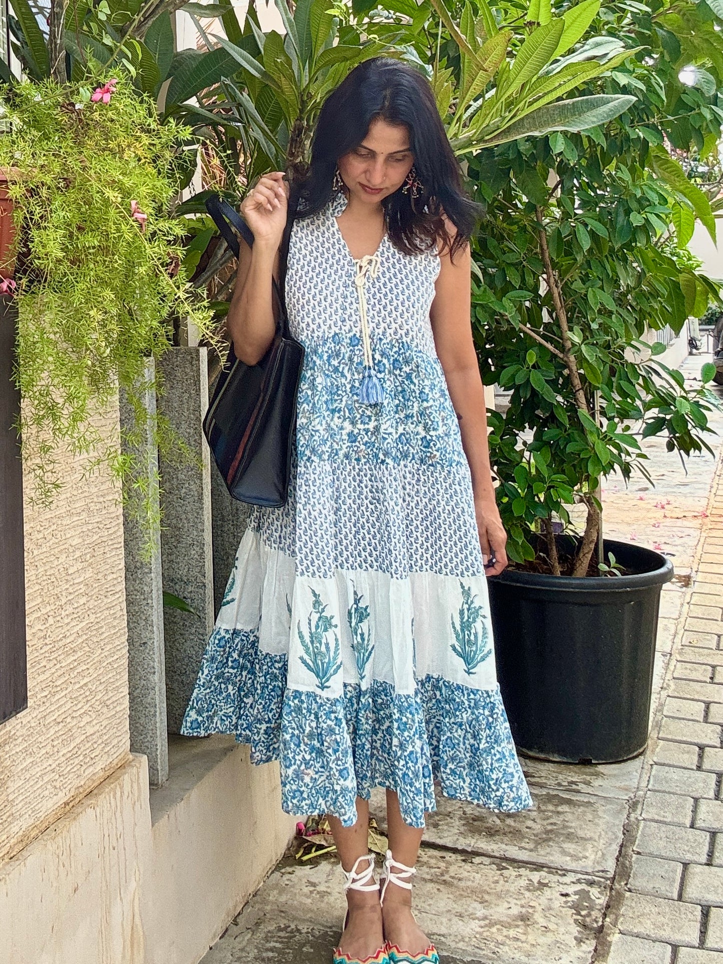 Hand block Printed Blue White Floral tiered Midi Dress