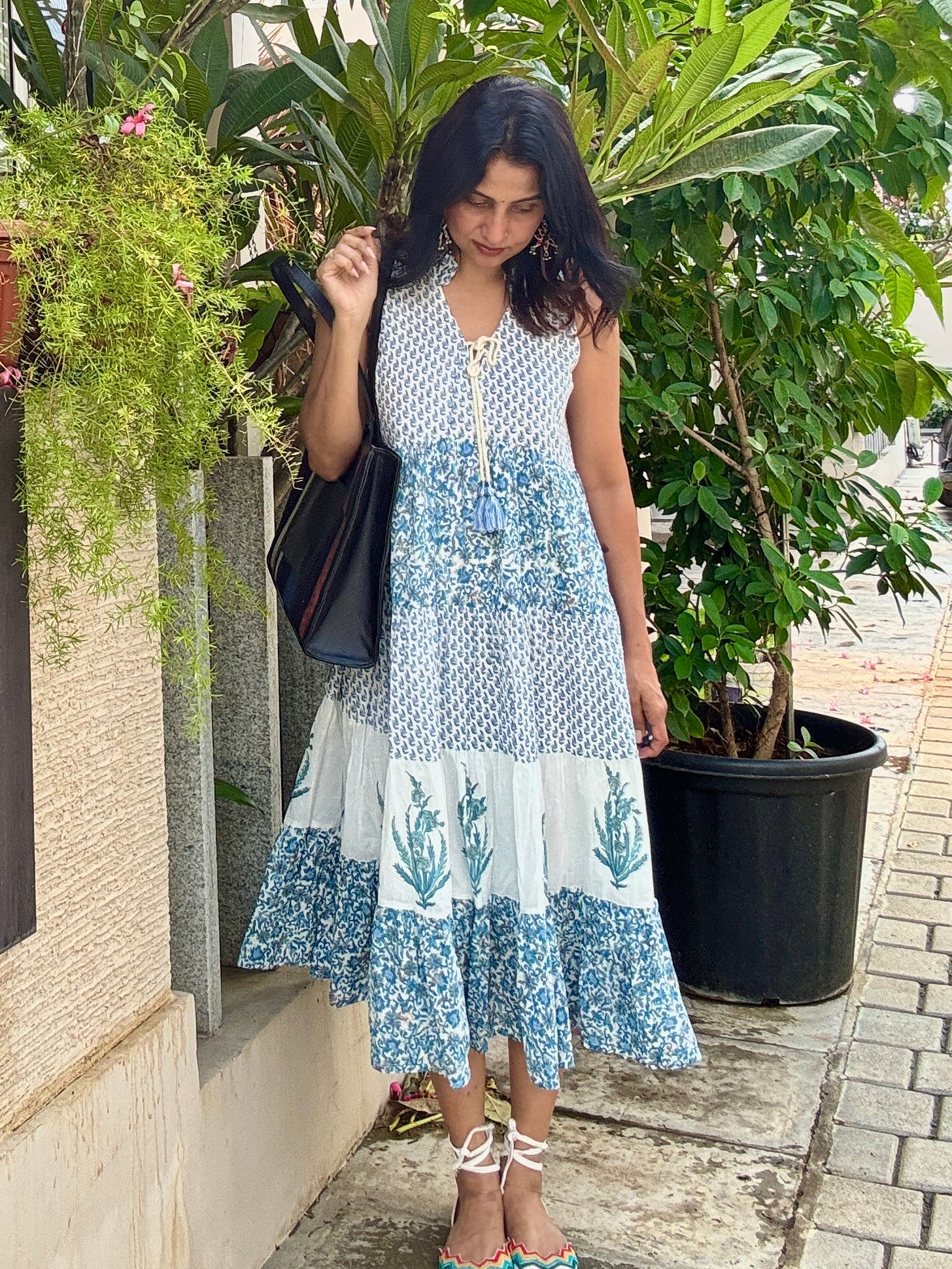 Hand block Printed Blue White Floral tiered Midi Dress