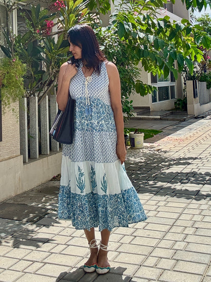 Hand block Printed Blue White Floral tiered Midi Dress