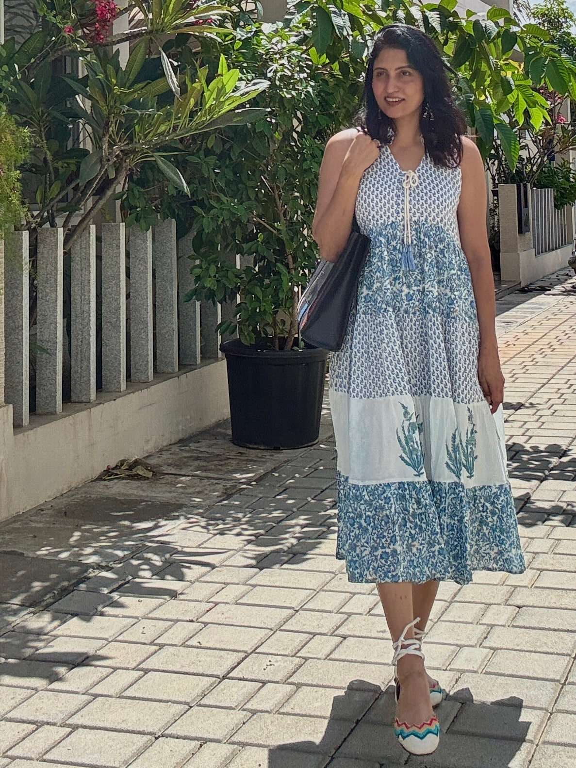 Hand block Printed Blue White Floral tiered Midi Dress