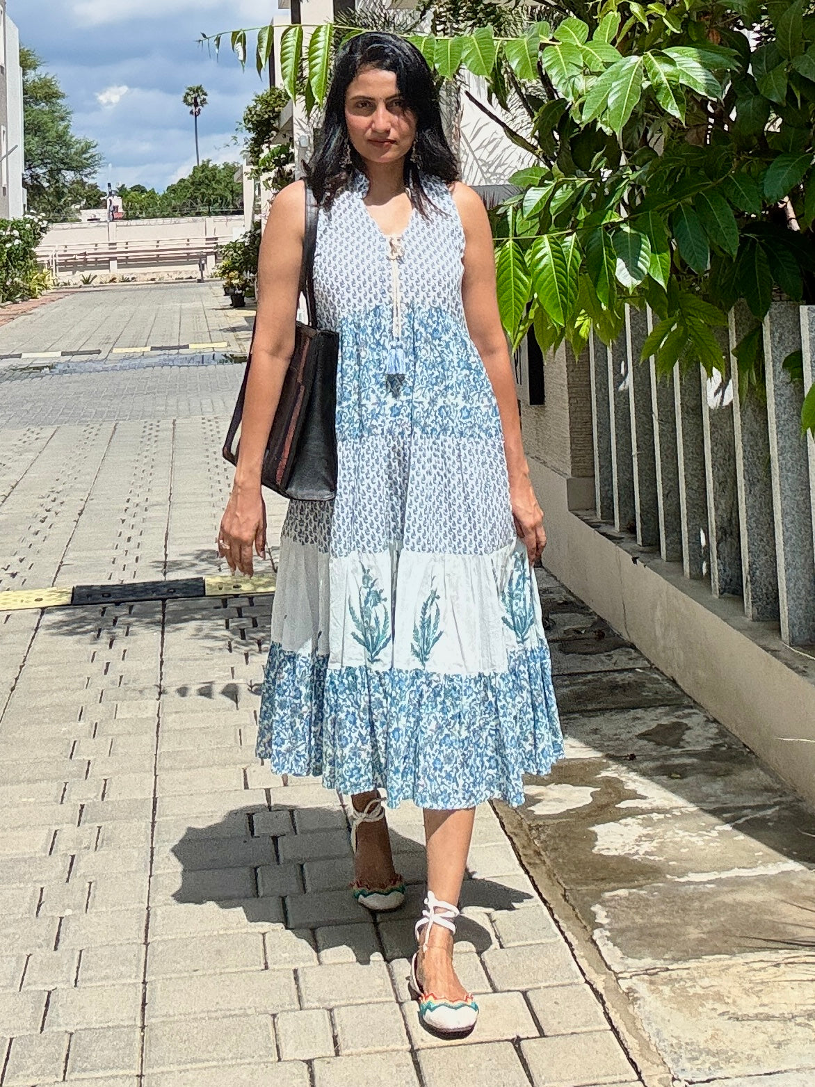 Hand block Printed Blue White Floral tiered Midi Dress