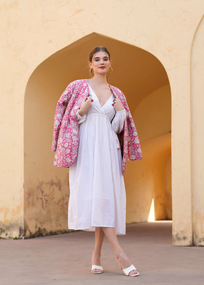 Hand Block Printed Hand Kantha Quilted Pink Floral Reversible Jacket