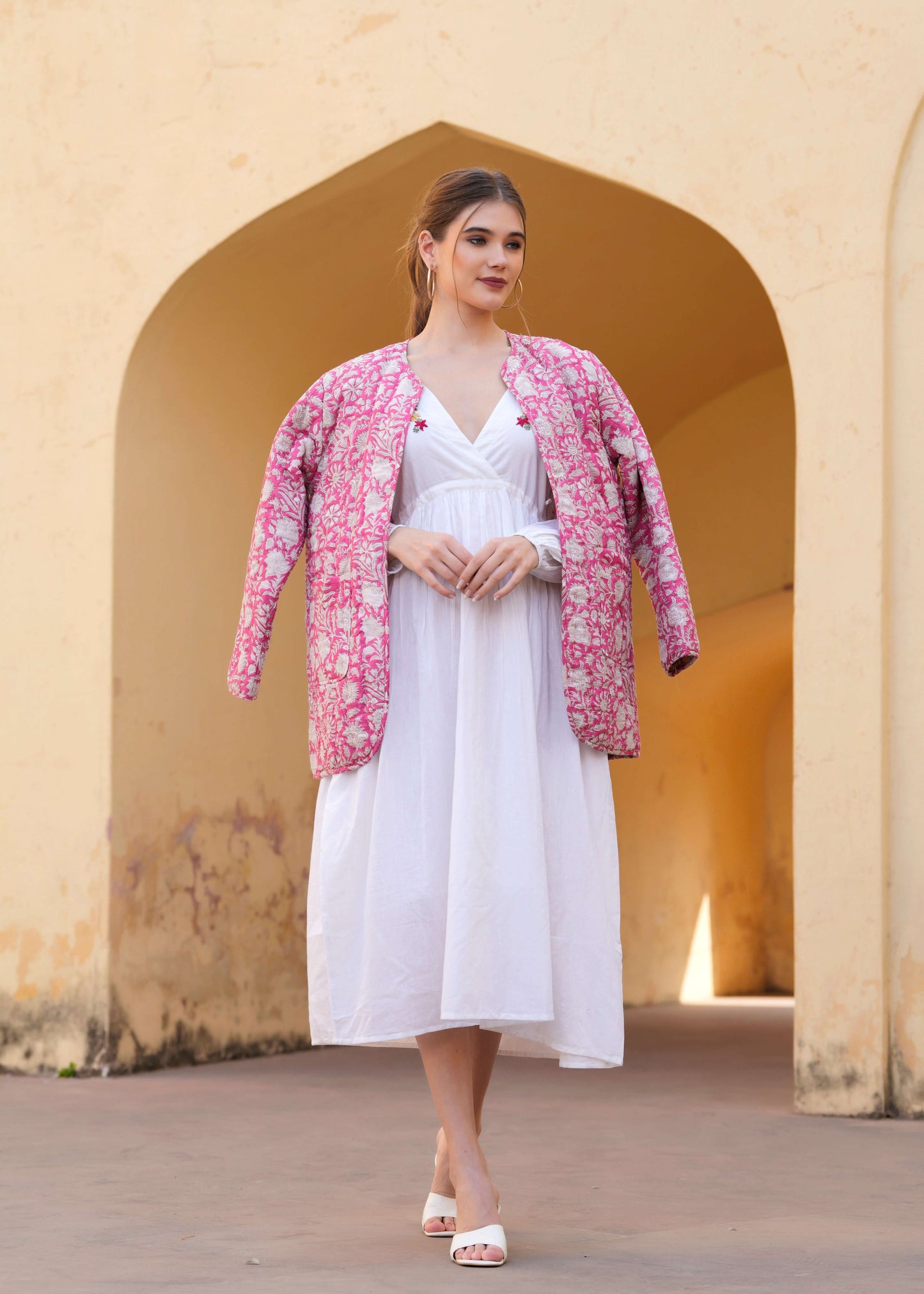 Hand Block Printed Hand Kantha Quilted Pink Floral Reversible Jacket