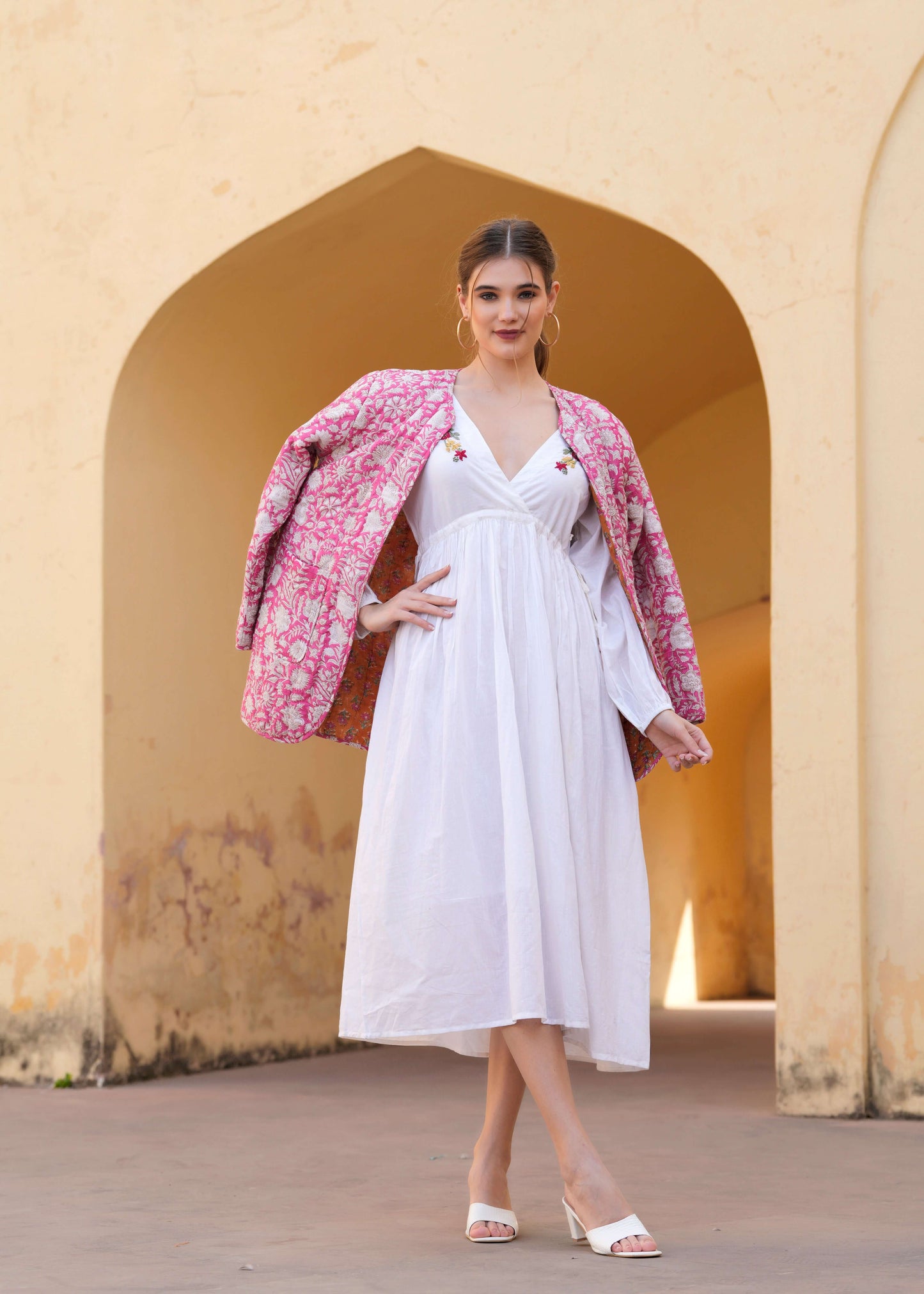 Hand Block Printed Hand Kantha Quilted Pink Floral Reversible Jacket