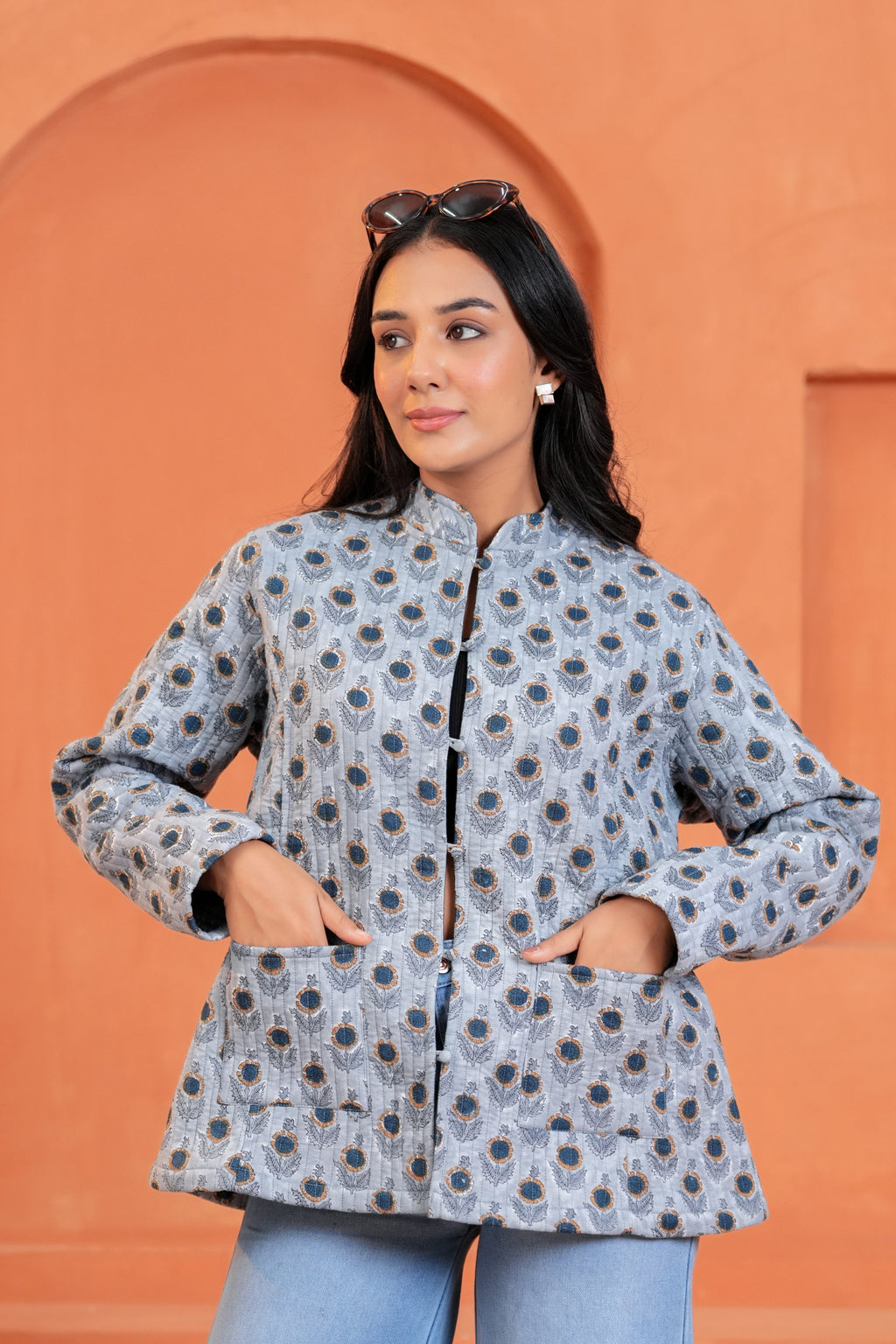 Blue Floral Reversible Hand Block Print Cotton Jacket